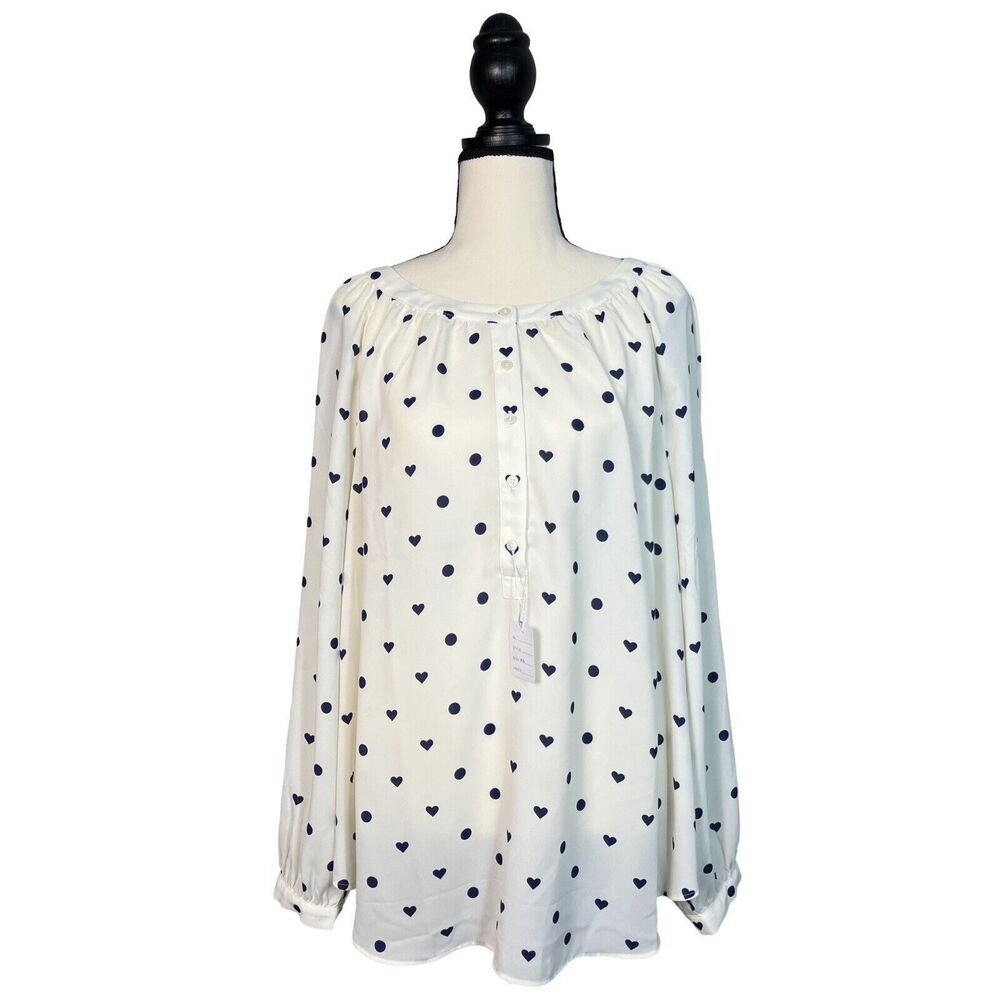 Talbots Heart Dot Raglan Sleeve Pullover Blouse Half Placket Navy & Cream